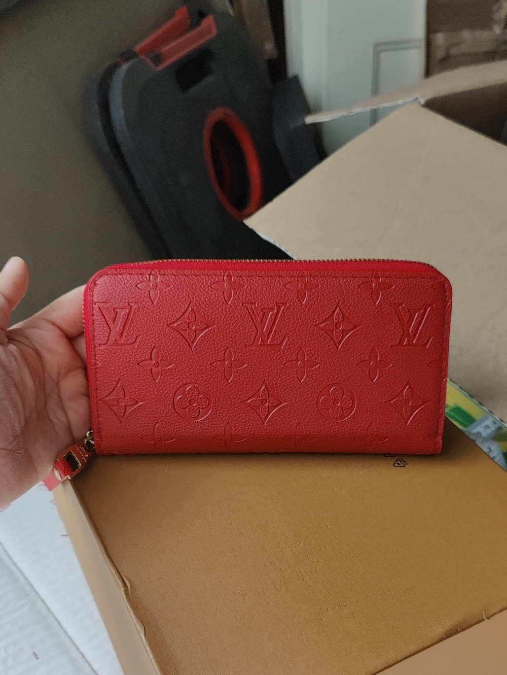 Source Unknown Red Embossed Monogram Zip Wallet